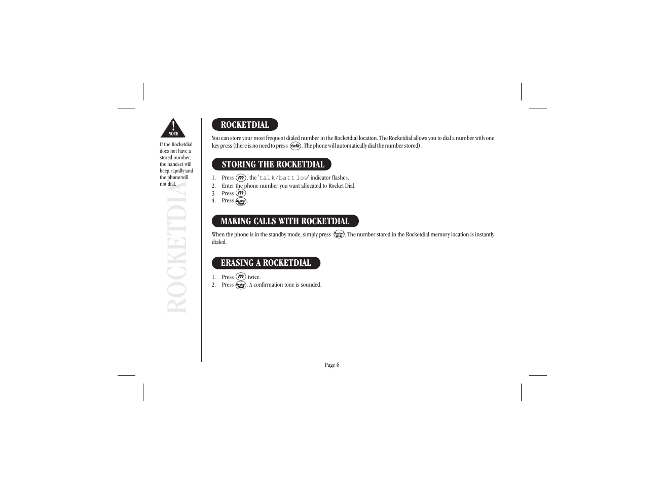 Rocketdial, Storing the rocketdial, Making calls with rocketdial | Erasing a rocketdial | Uniden XS 910 User Manual | Page 10 / 12