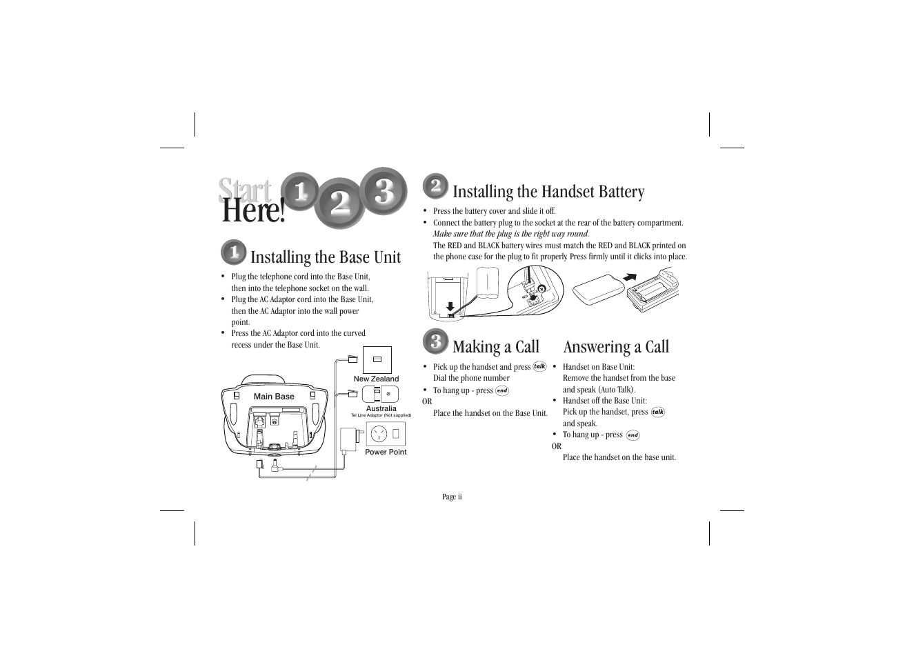 Here! start start here, Installing the base unit, Installing the handset battery | Making a call, Answering a call | Uniden XS 910 User Manual | Page 3 / 12