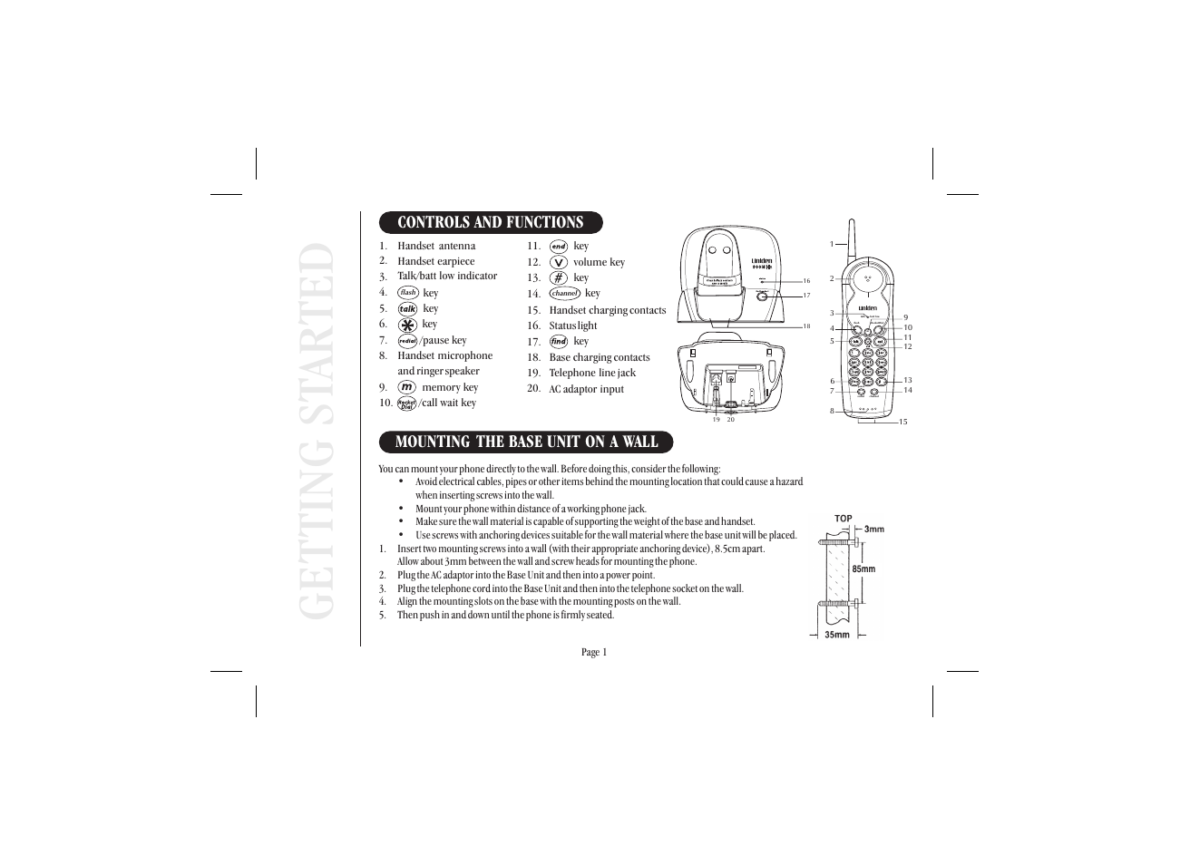 Get ting st ar ted, Controls and functions, Cal l w ai t | Mounting the base unit on a wall | Uniden XS 910 User Manual | Page 5 / 12