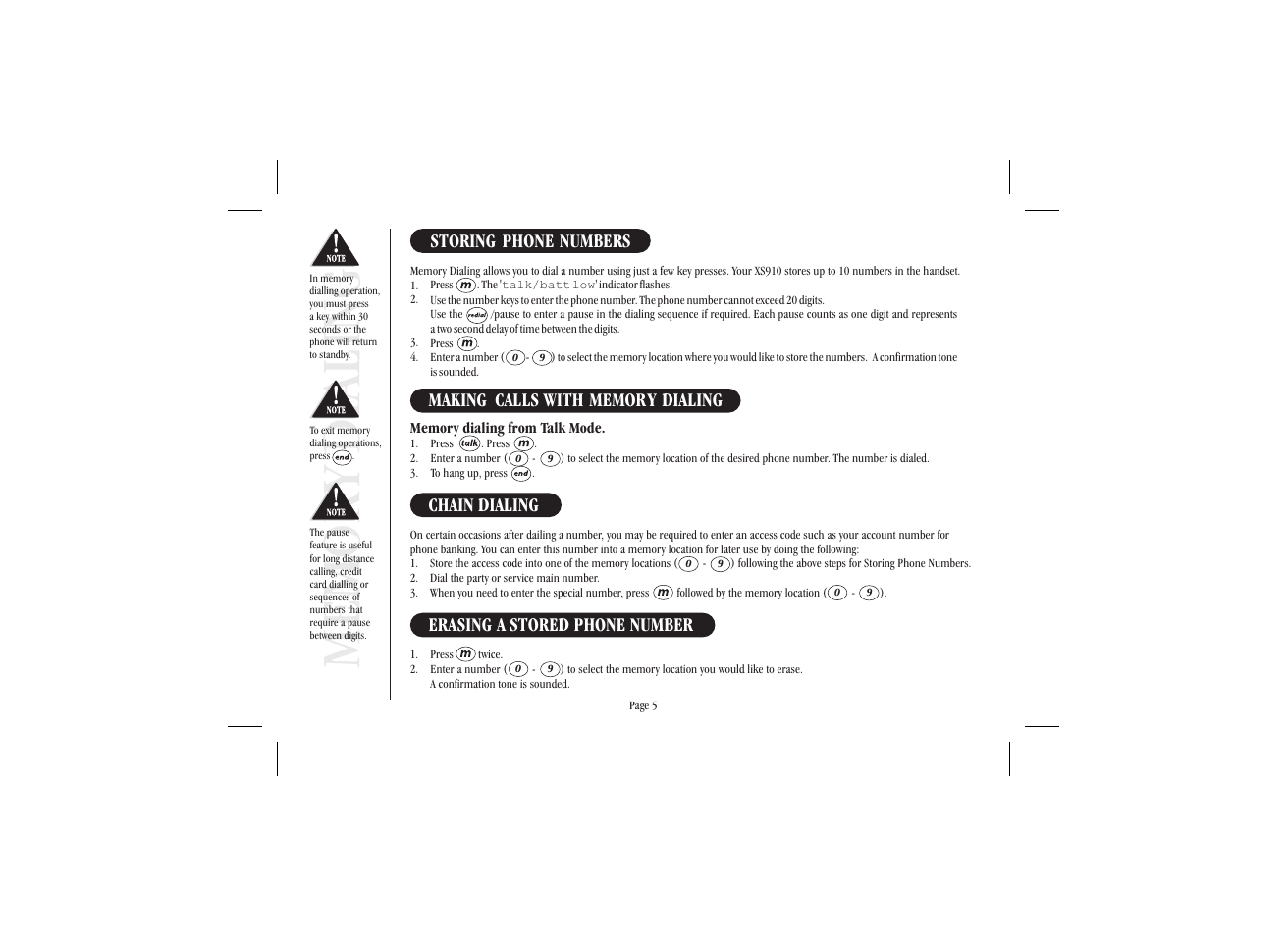 Storing phone numbers, Chain dialing, Erasing a stored phone number | Uniden XS 910 User Manual | Page 9 / 12