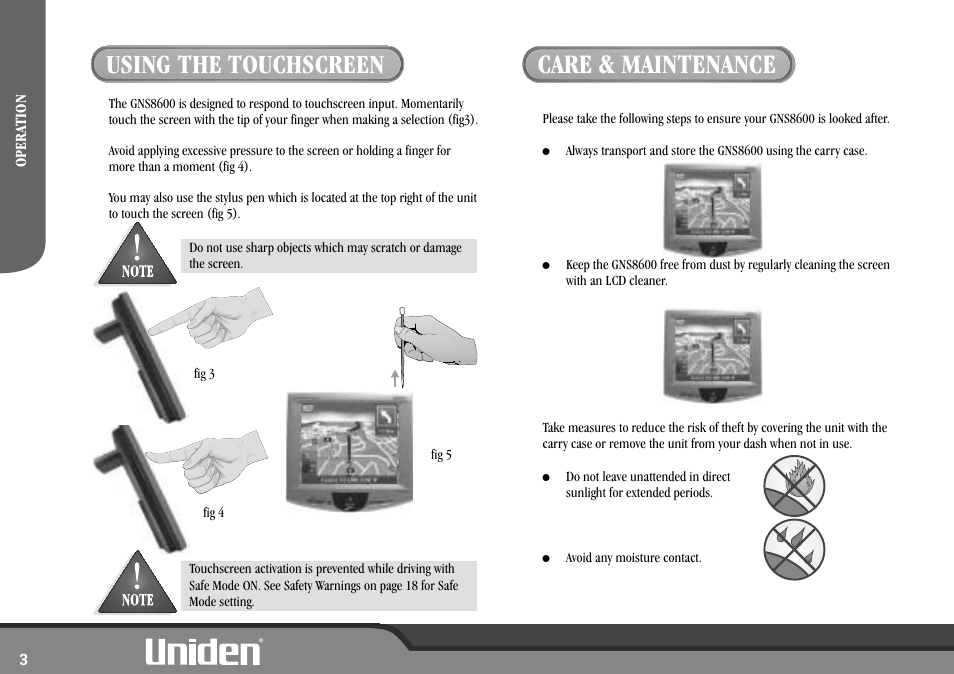 Using the touchscreen, Care & maintenance | Uniden GNS8600 User Manual | Page 10 / 40