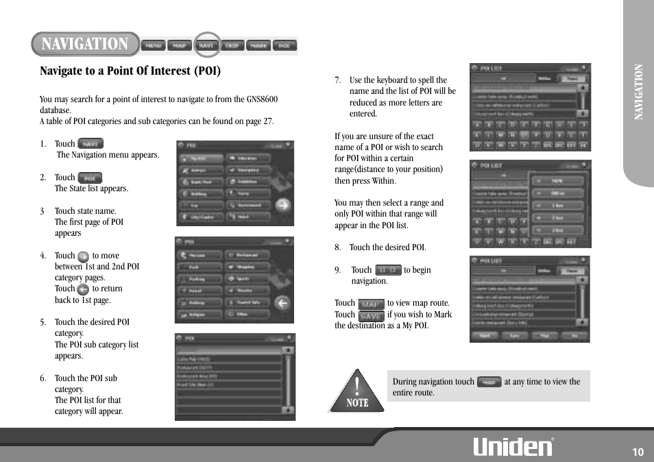 Navigation, Navigate to a point of interest (poi) | Uniden GNS8600 User Manual | Page 17 / 40