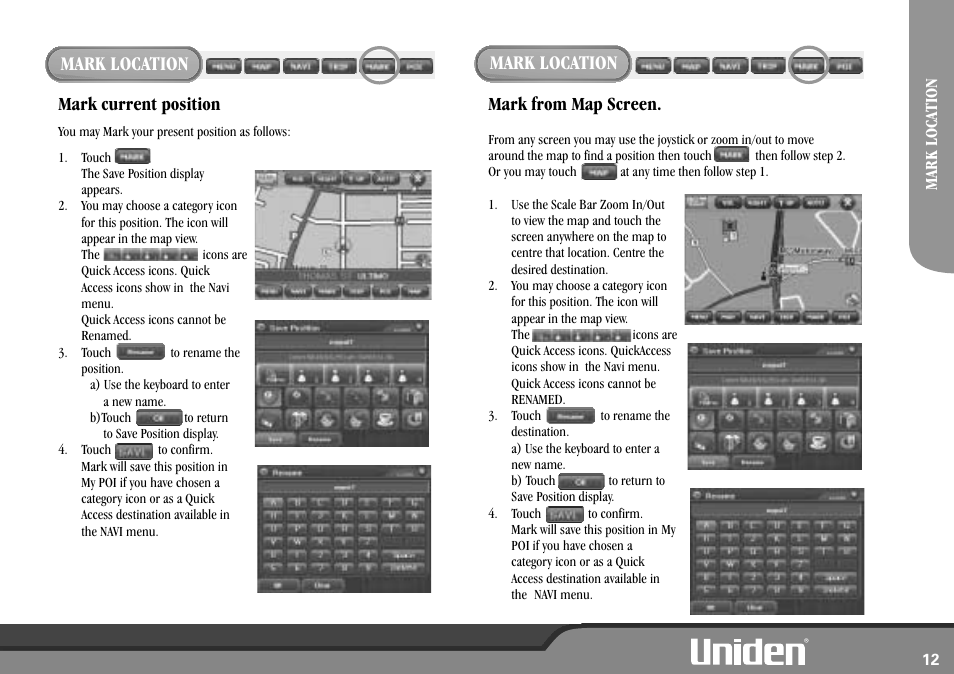 Mark location, Mark current position, Mark from map screen | Uniden GNS8600 User Manual | Page 19 / 40