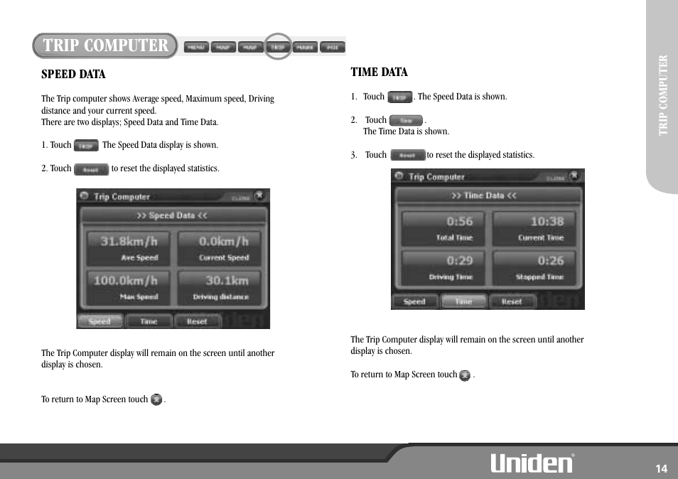 Trip computer, Speed data, Time data | Uniden GNS8600 User Manual | Page 21 / 40