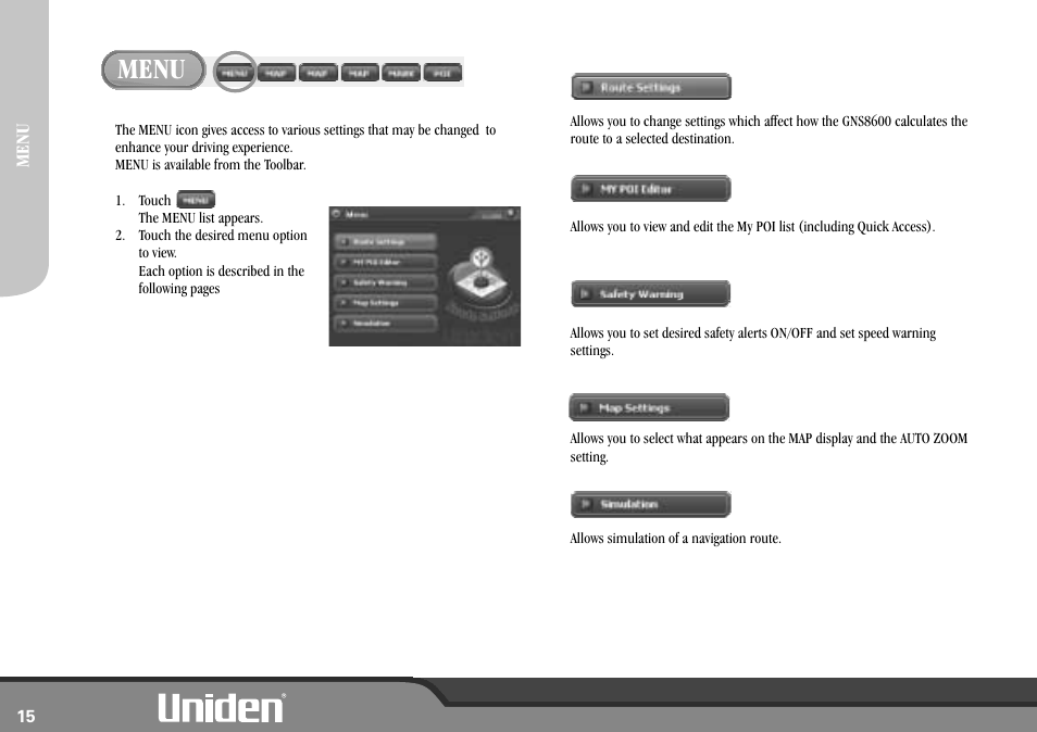 Menu | Uniden GNS8600 User Manual | Page 22 / 40