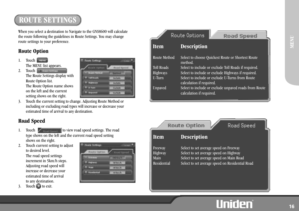 Route settings, Route option road speed, Item description | Uniden GNS8600 User Manual | Page 23 / 40