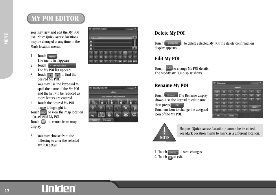 My poi editor, Delete my poi edit my poi rename my poi | Uniden GNS8600 User Manual | Page 24 / 40