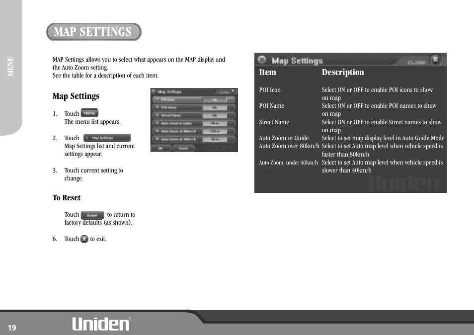 Map settings, Item description | Uniden GNS8600 User Manual | Page 26 / 40