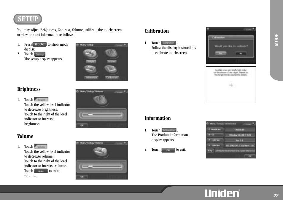 Setup, Brightness volume calibration information | Uniden GNS8600 User Manual | Page 29 / 40