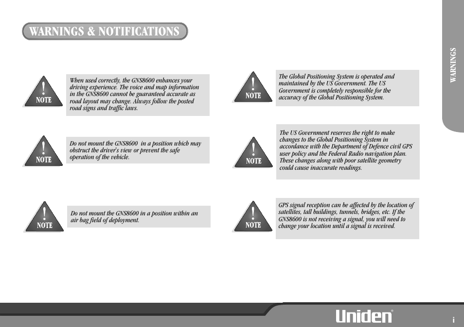 Warnings & notifications | Uniden GNS8600 User Manual | Page 3 / 40