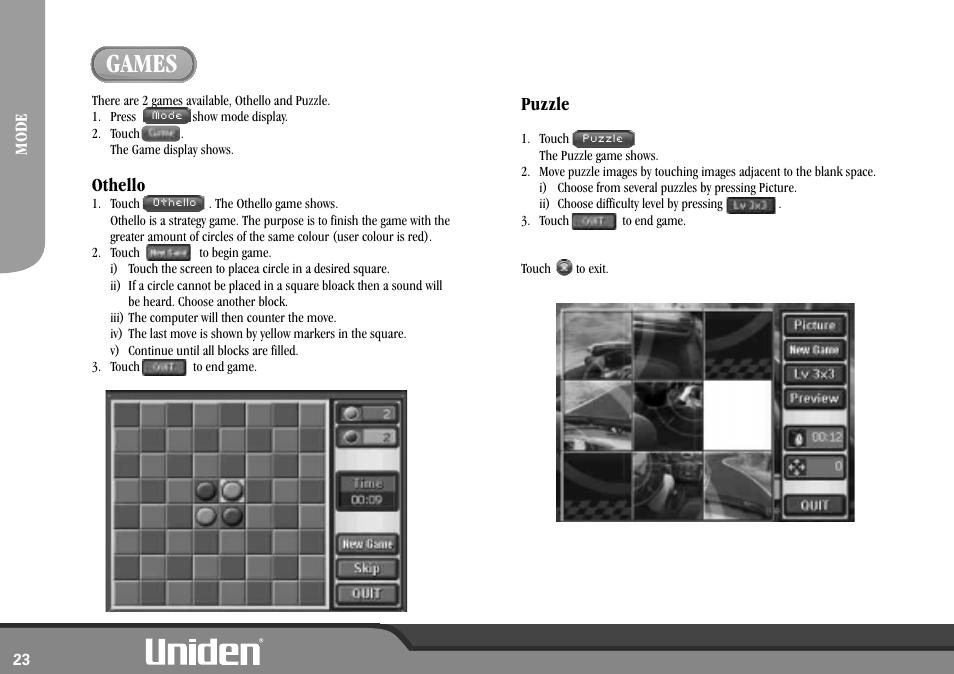 Games, Othello puzzle | Uniden GNS8600 User Manual | Page 30 / 40