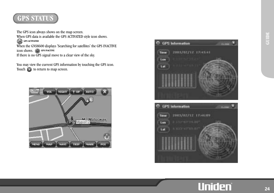 Gps status | Uniden GNS8600 User Manual | Page 31 / 40