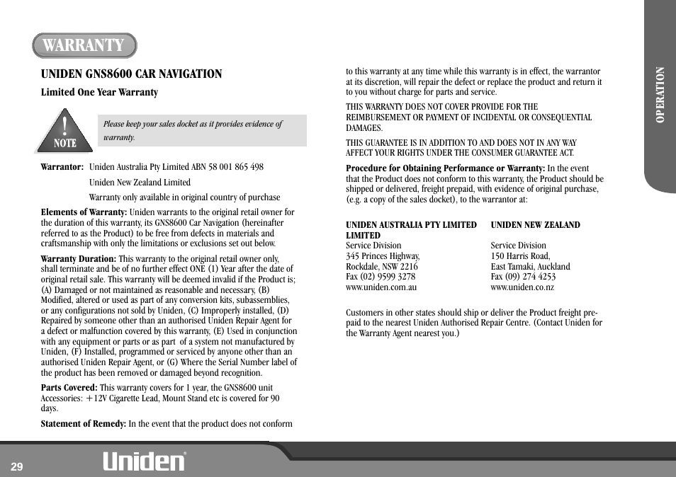 Warranty, Uniden gns8600 car navigation | Uniden GNS8600 User Manual | Page 36 / 40