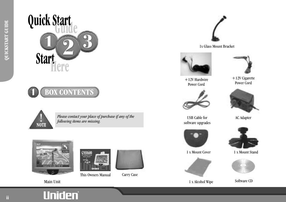Quick start, Start, Guide | Here, Box contents | Uniden GNS8600 User Manual | Page 4 / 40