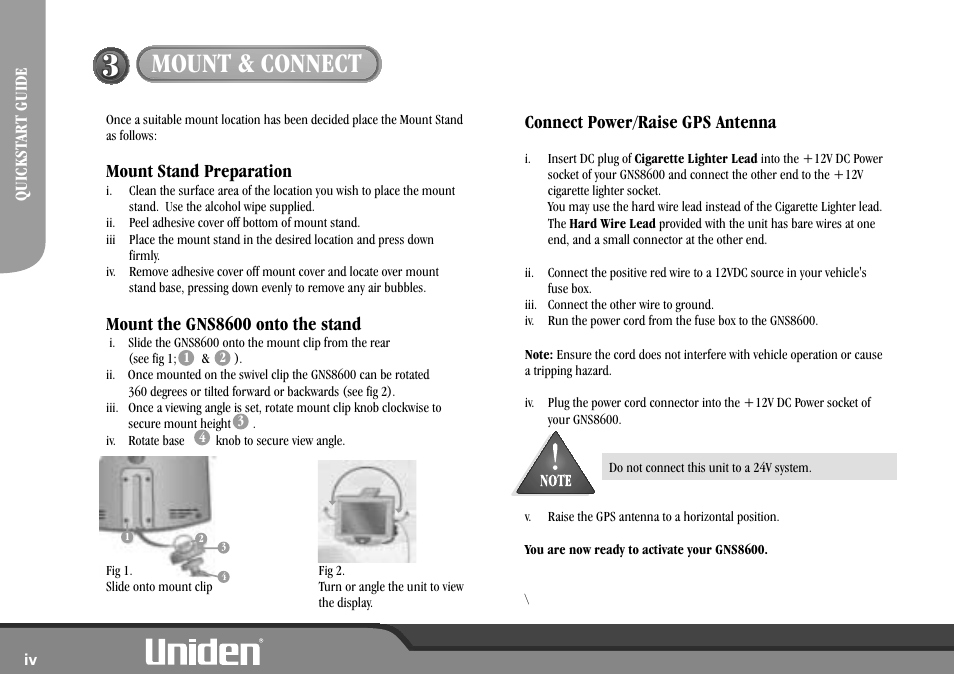 Mount & connect, Connect power/raise gps antenna | Uniden GNS8600 User Manual | Page 6 / 40