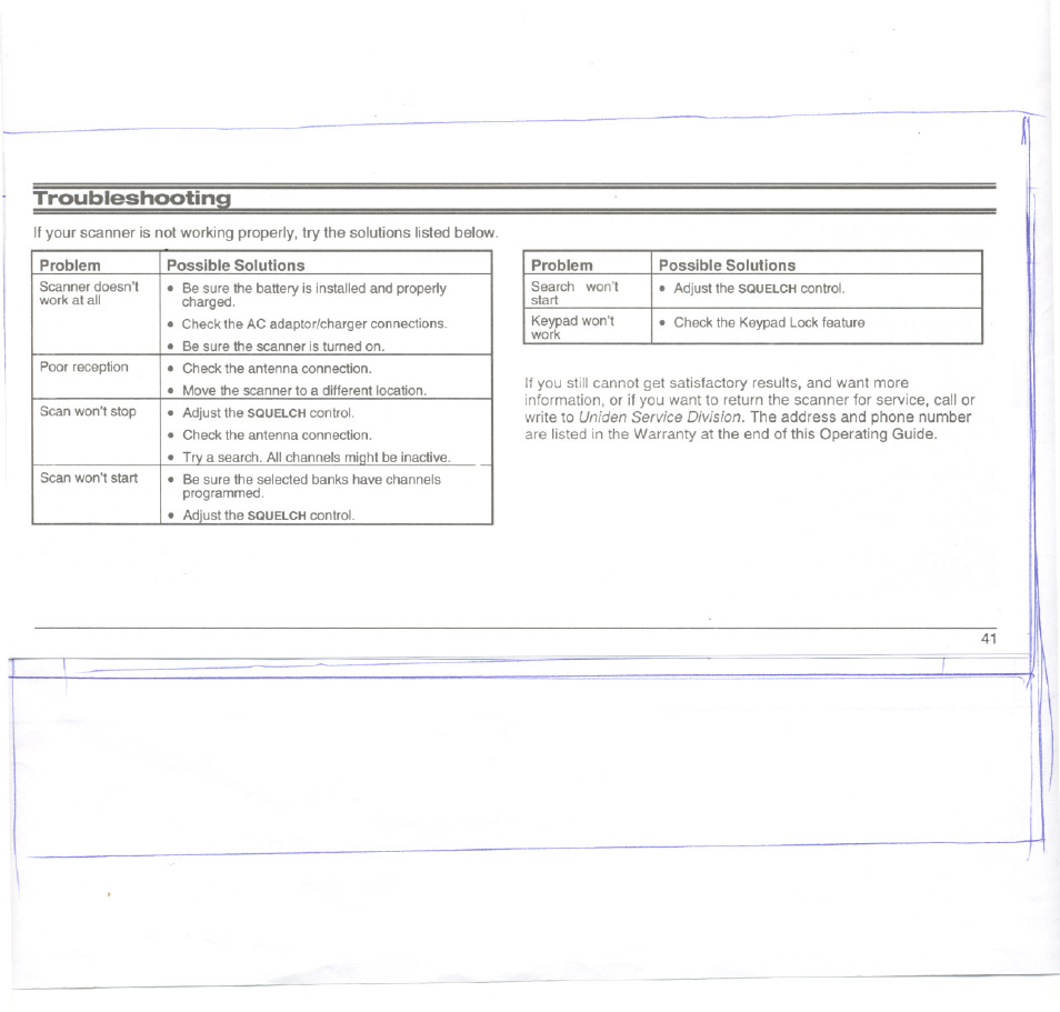 Troubleshooting, Problem possible solutions | Uniden UBC3000XLT User Manual | Page 45 / 50