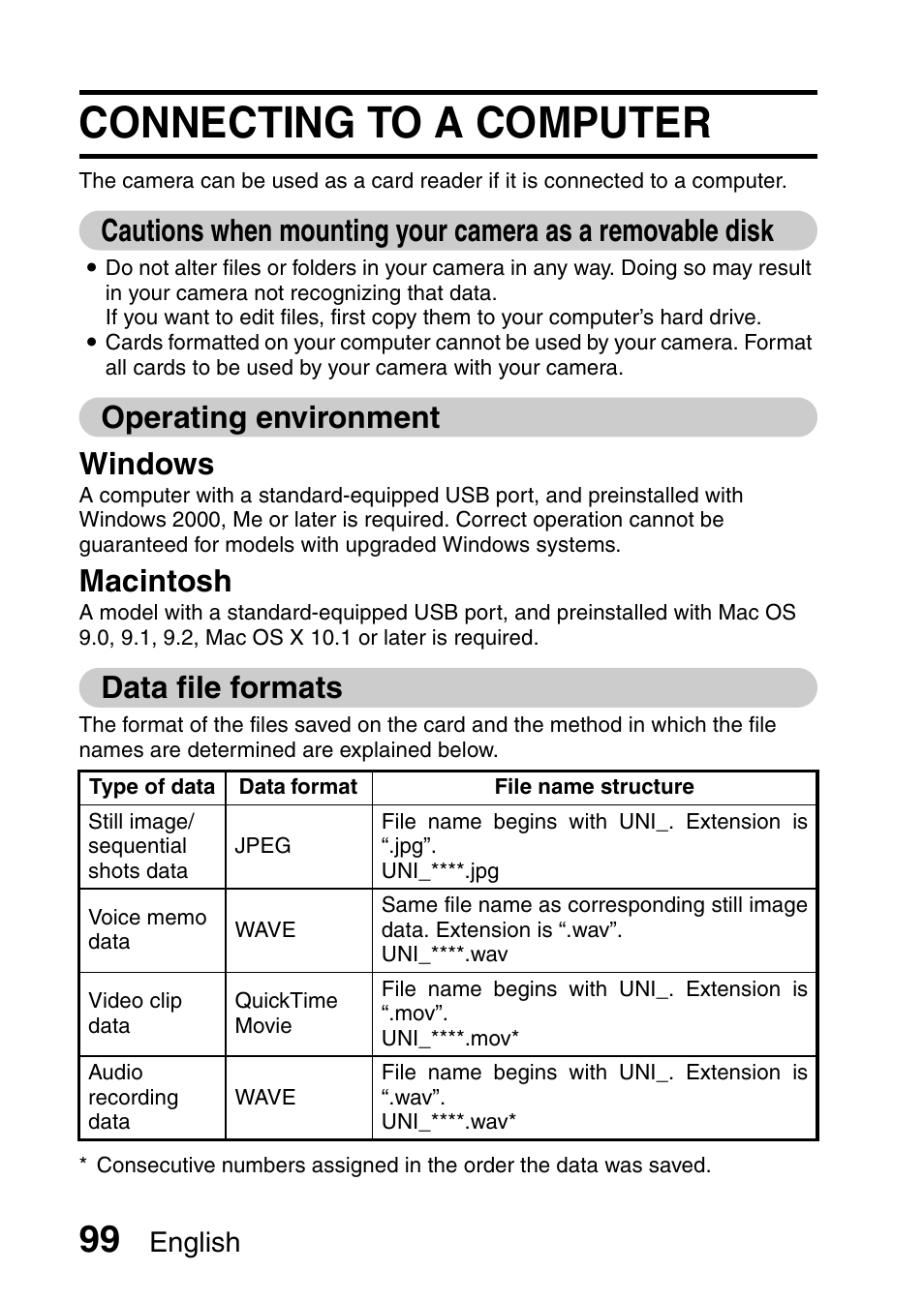 Connecting to a computer, Operating environment windows, Macintosh | Data file formats, English | Uniden UDC-7M User Manual | Page 105 / 140