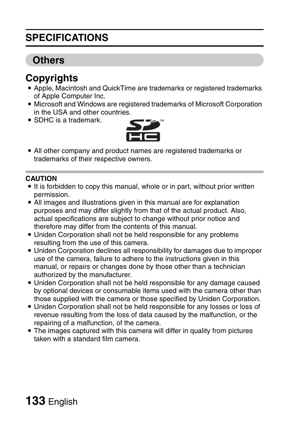 Specifications others copyrights, English | Uniden UDC-7M User Manual | Page 139 / 140