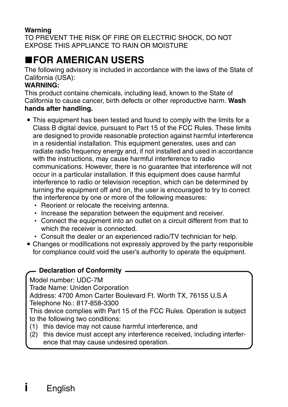 K for american users, English | Uniden UDC-7M User Manual | Page 2 / 140