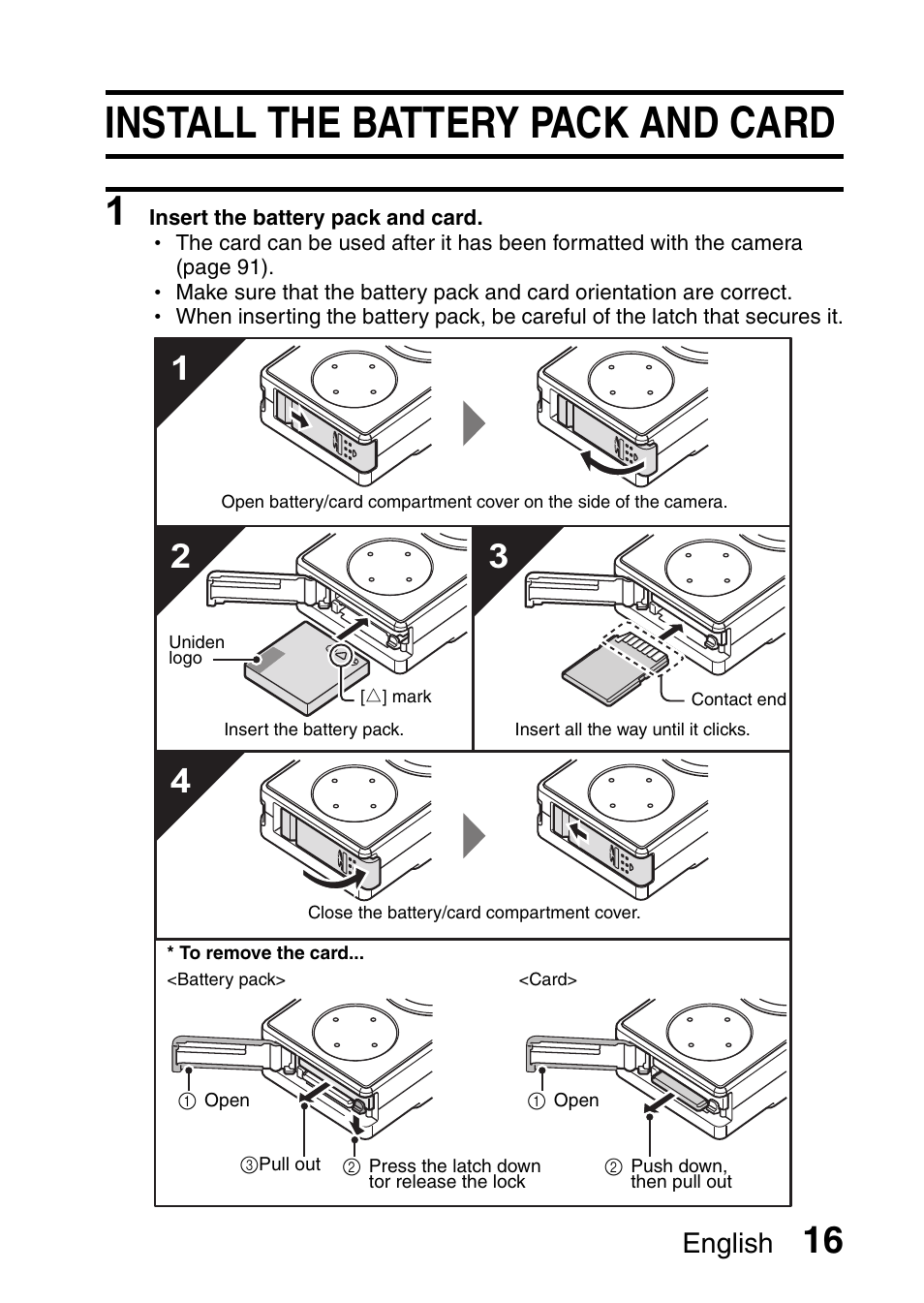Install the battery pack and card, English | Uniden UDC-7M User Manual | Page 22 / 140