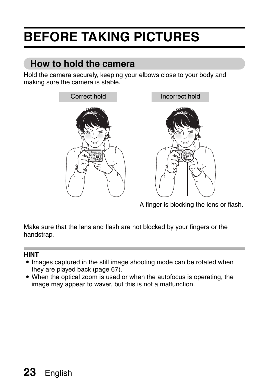 Before taking pictures, How to hold the camera, English | Uniden UDC-7M User Manual | Page 29 / 140