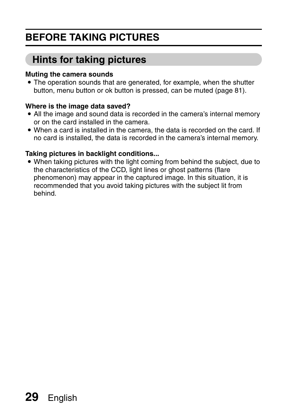 Before taking pictures hints for taking pictures, English | Uniden UDC-7M User Manual | Page 35 / 140