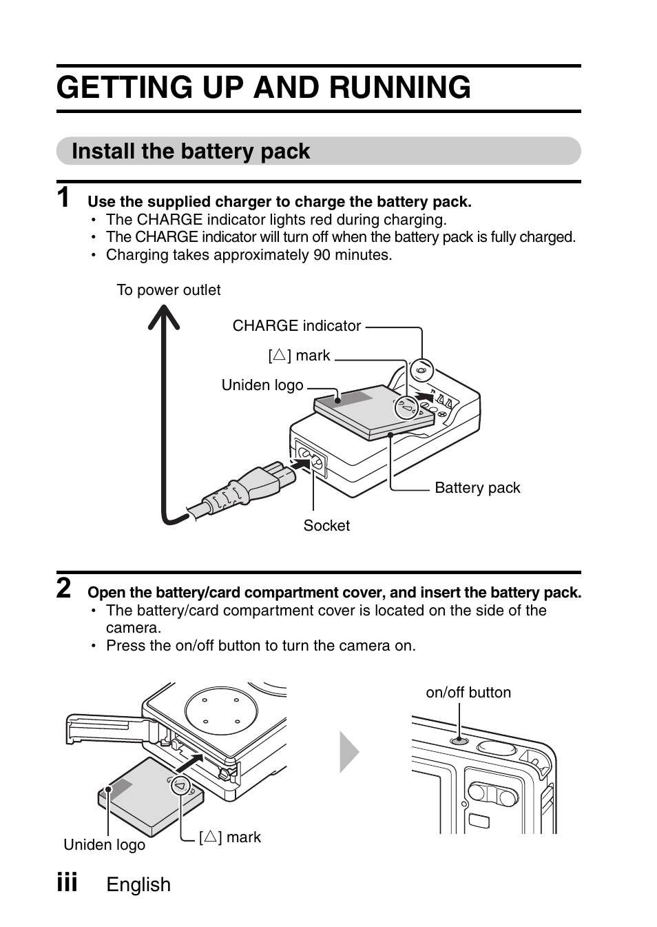 Getting up and running, Install the battery pack | Uniden UDC-7M User Manual | Page 4 / 140