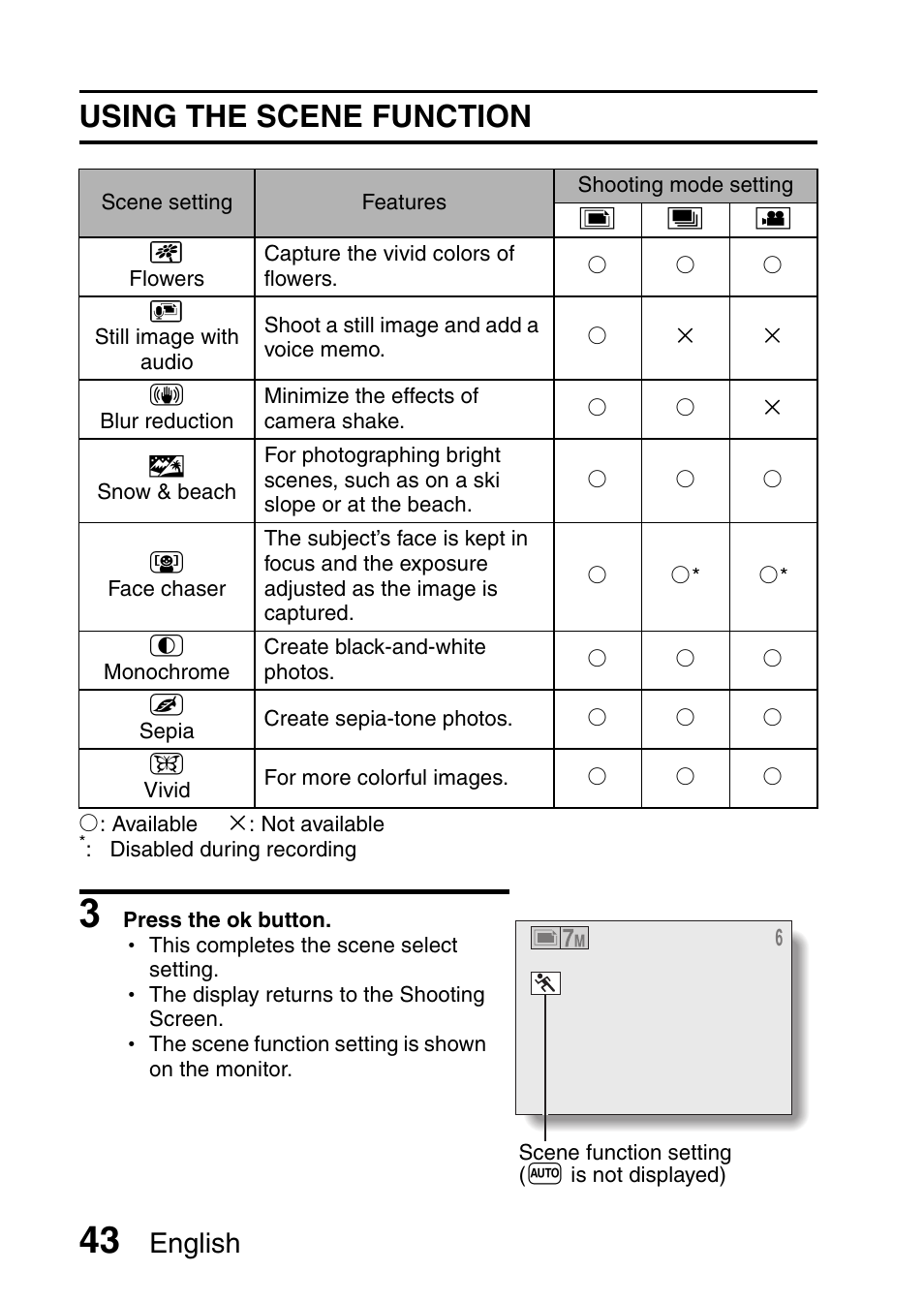 Using the scene function, English | Uniden UDC-7M User Manual | Page 49 / 140