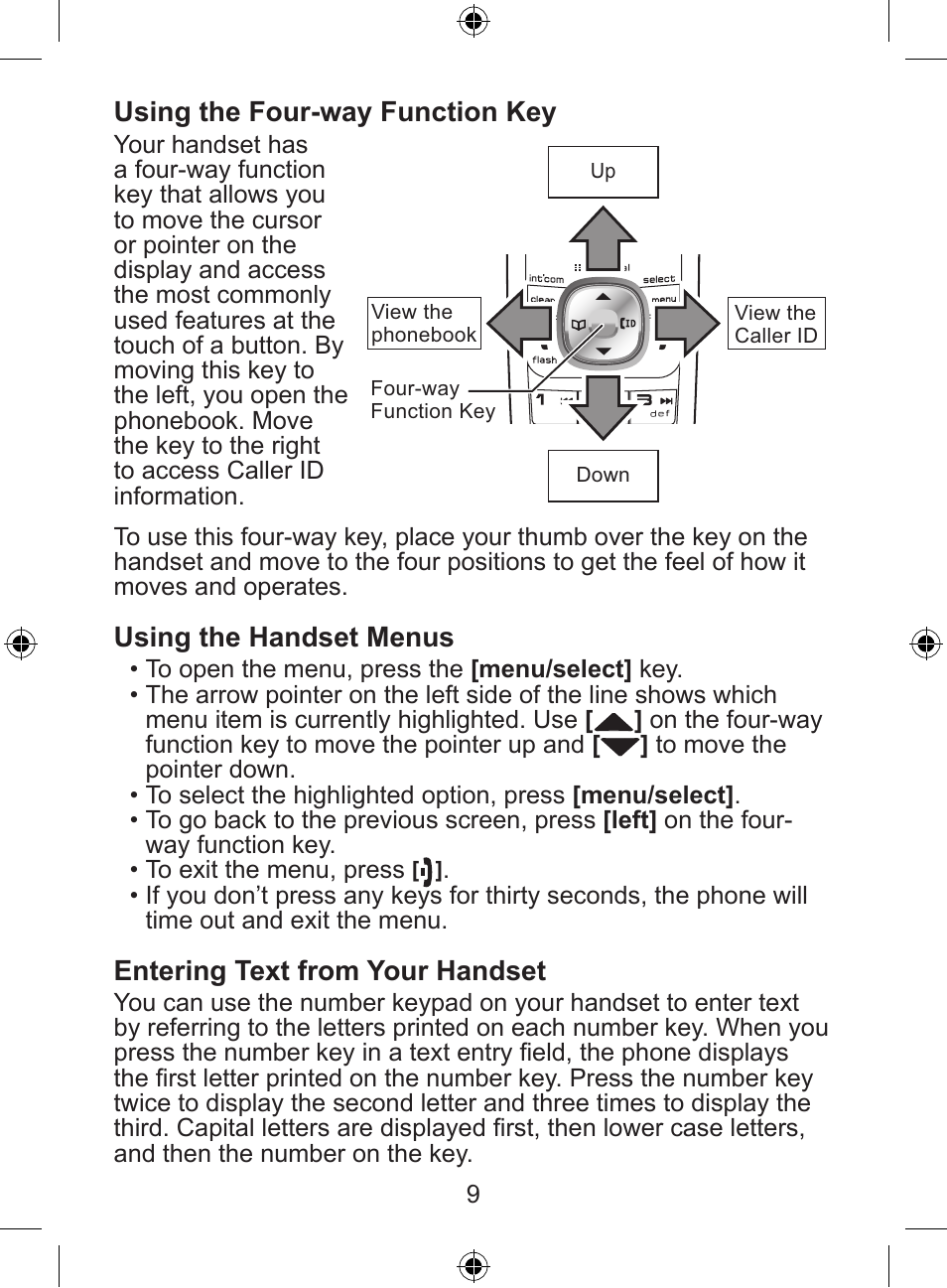 Using the four-way function key, Using the handset menus, Entering text from your handset | Uniden DSS8905 User Manual | Page 10 / 24