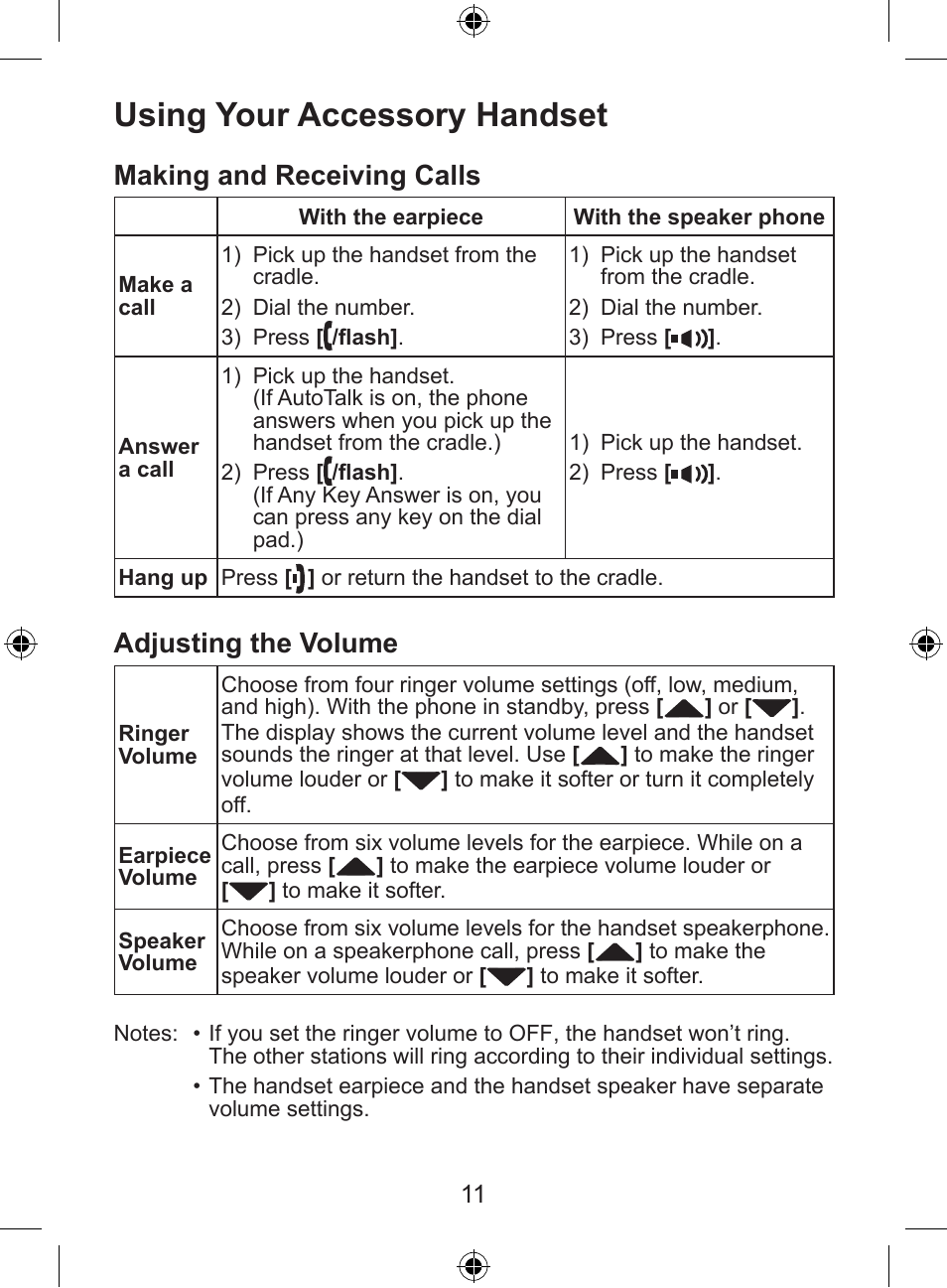 Using your accessory handset, Making and receiving calls, Adjusting the volume | Uniden DSS8905 User Manual | Page 12 / 24