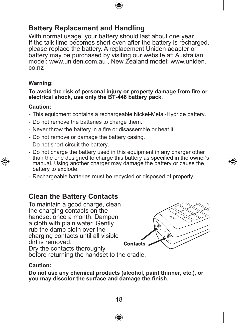 Battery replacement and handling, Clean the battery contacts | Uniden DSS8905 User Manual | Page 19 / 24