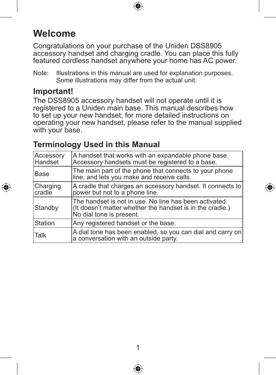 Welcome, Important, Terminology used in this manual | Uniden DSS8905 User Manual | Page 2 / 24