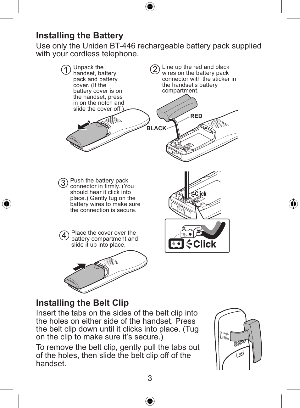 Installing the battery, Installing the belt clip | Uniden DSS8905 User Manual | Page 4 / 24