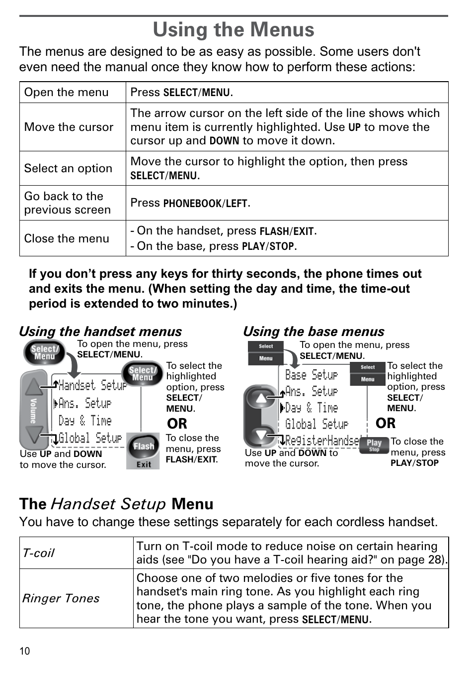 Using the menus, The handset setup menu, Using the handset menus using the base menus | Uniden CEZAI2998 User Manual | Page 12 / 36
