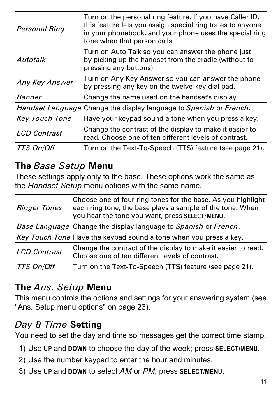 The base setup menu, The ans. setup menu, Day & time setting | Uniden CEZAI2998 User Manual | Page 13 / 36