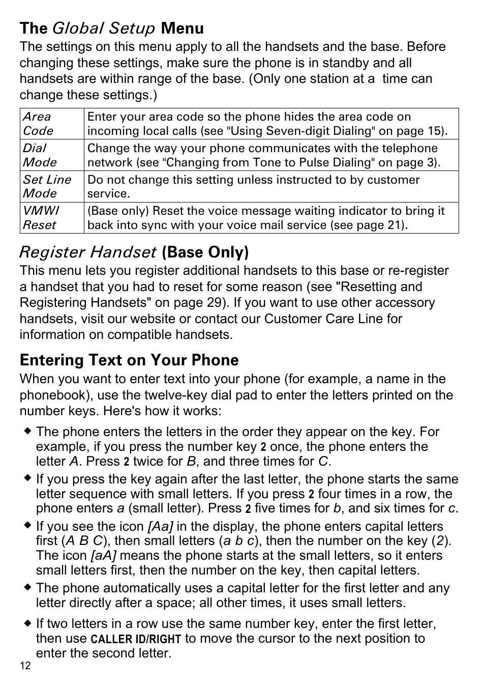 The global setup menu, Register handset (base only), Entering text on your phone | Uniden CEZAI2998 User Manual | Page 14 / 36