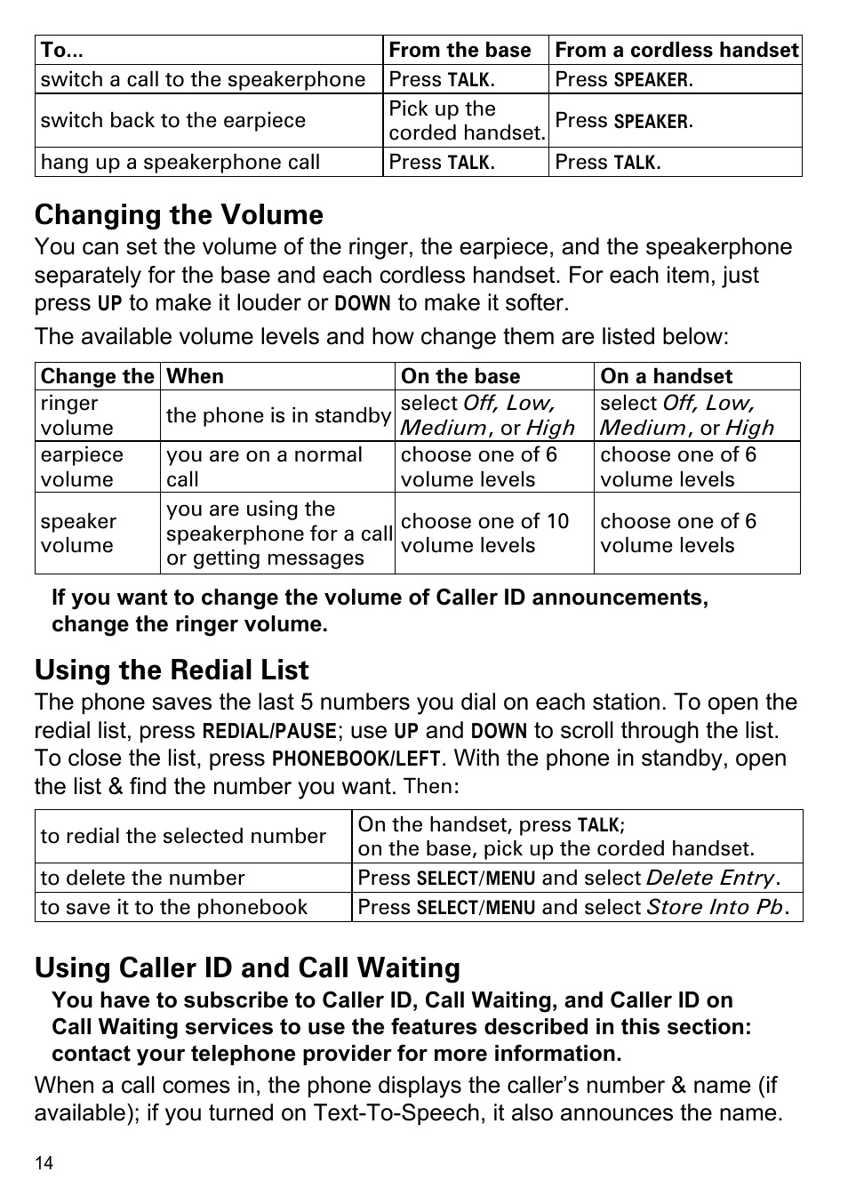 Changing the volume, Using the redial list, Using caller id and call waiting | Uniden CEZAI2998 User Manual | Page 16 / 36