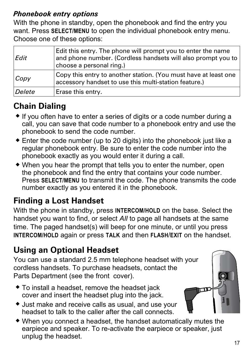 Chain dialing, Finding a lost handset, Using an optional headset | Uniden CEZAI2998 User Manual | Page 19 / 36