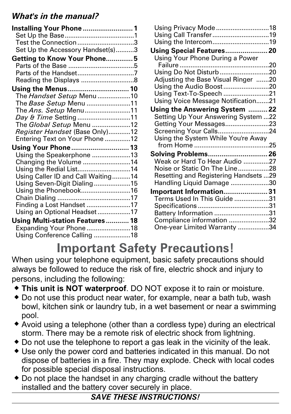 Important safety precautions, What's in the manual | Uniden CEZAI2998 User Manual | Page 2 / 36