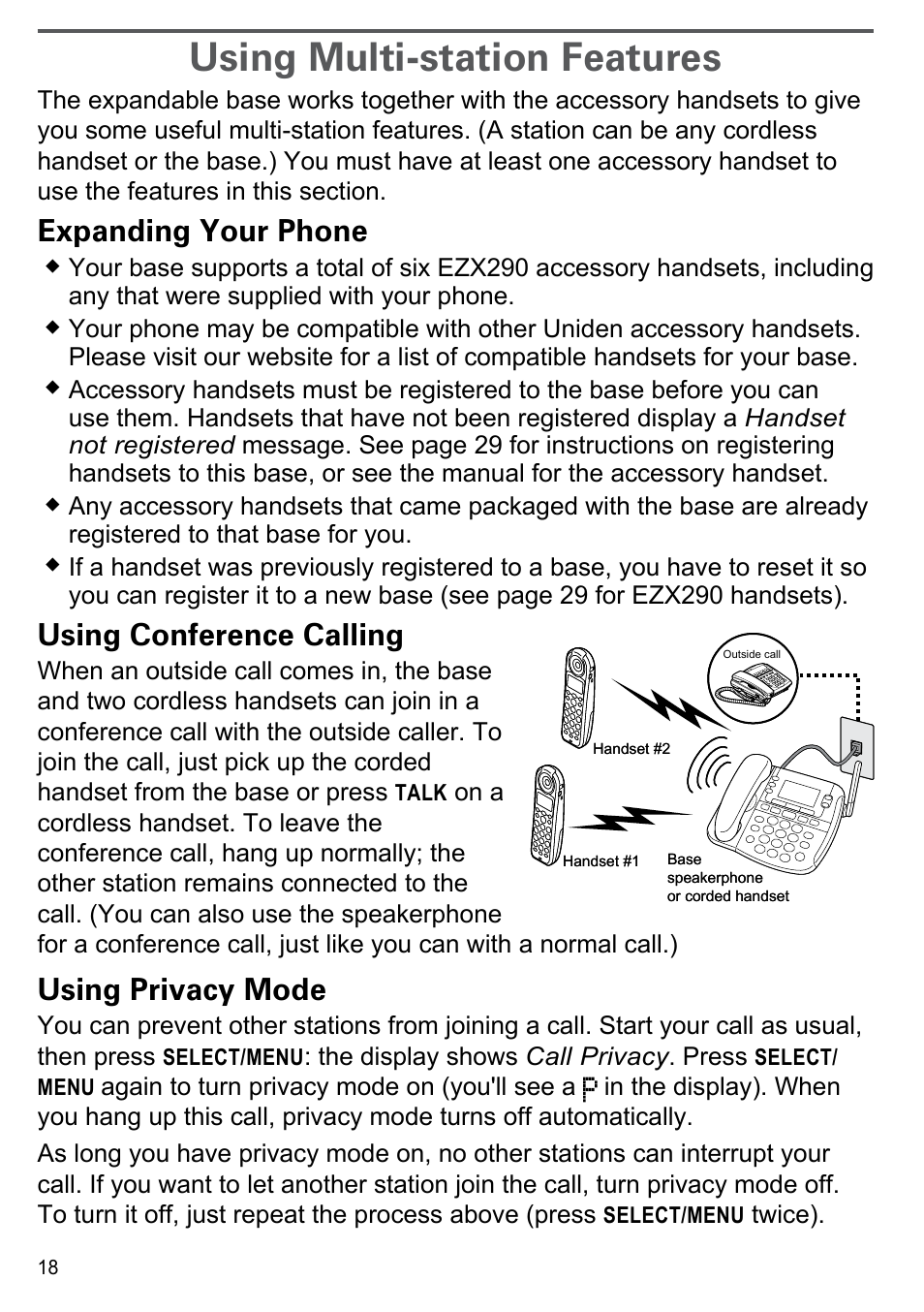 Using multi-station features, Expanding your phone, Using conference calling | Using privacy mode | Uniden CEZAI2998 User Manual | Page 20 / 36
