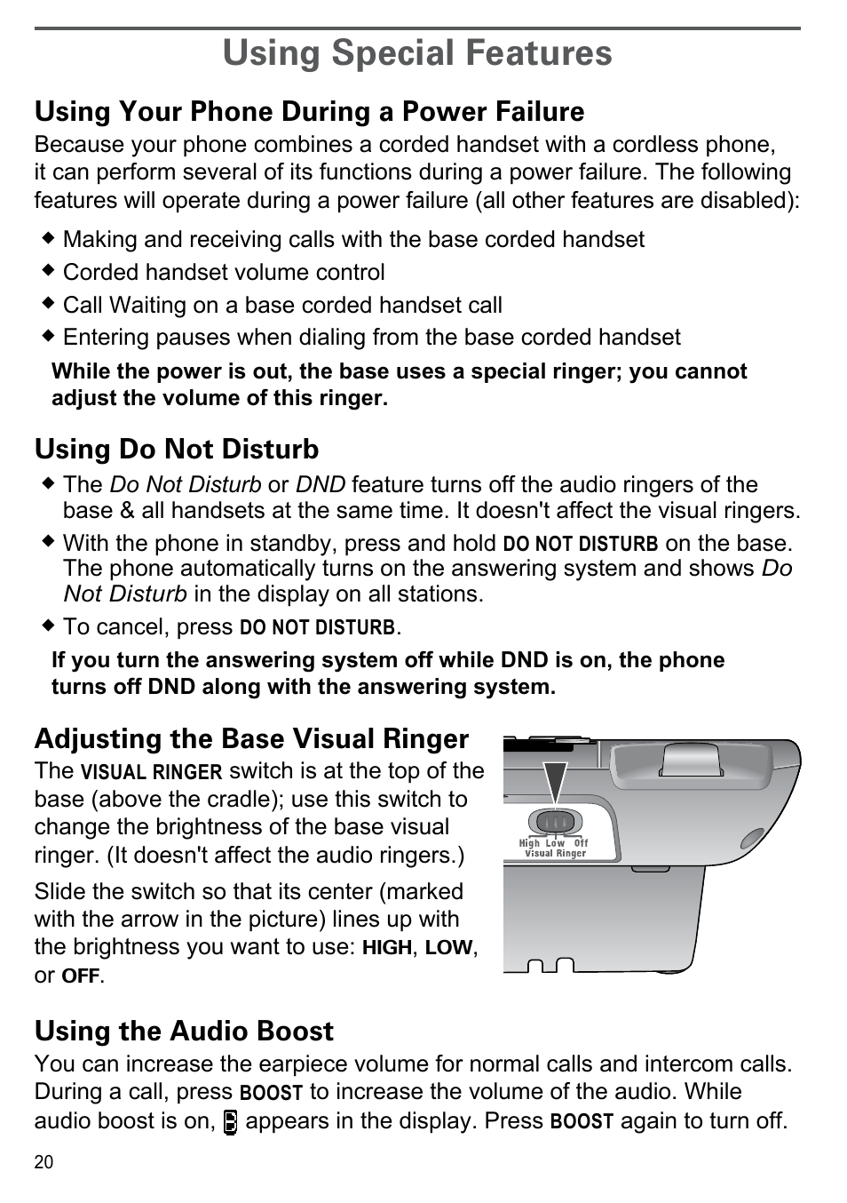 Using special features, Using your phone during a power failure, Using do not disturb | Adjusting the base visual ringer, Using the audio boost | Uniden CEZAI2998 User Manual | Page 22 / 36