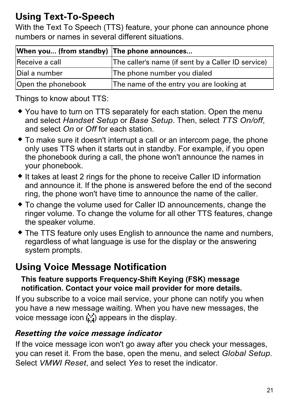 Using text-to-speech, Using voice message notification | Uniden CEZAI2998 User Manual | Page 23 / 36
