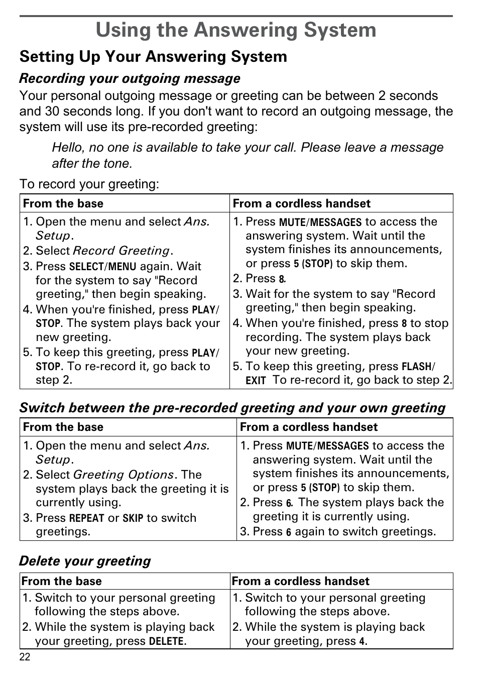 Using the answering system, Setting up your answering system, Recording your outgoing message | Delete your greeting | Uniden CEZAI2998 User Manual | Page 24 / 36