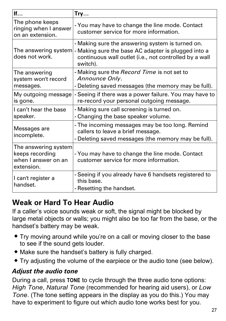 Weak or hard to hear audio | Uniden CEZAI2998 User Manual | Page 29 / 36