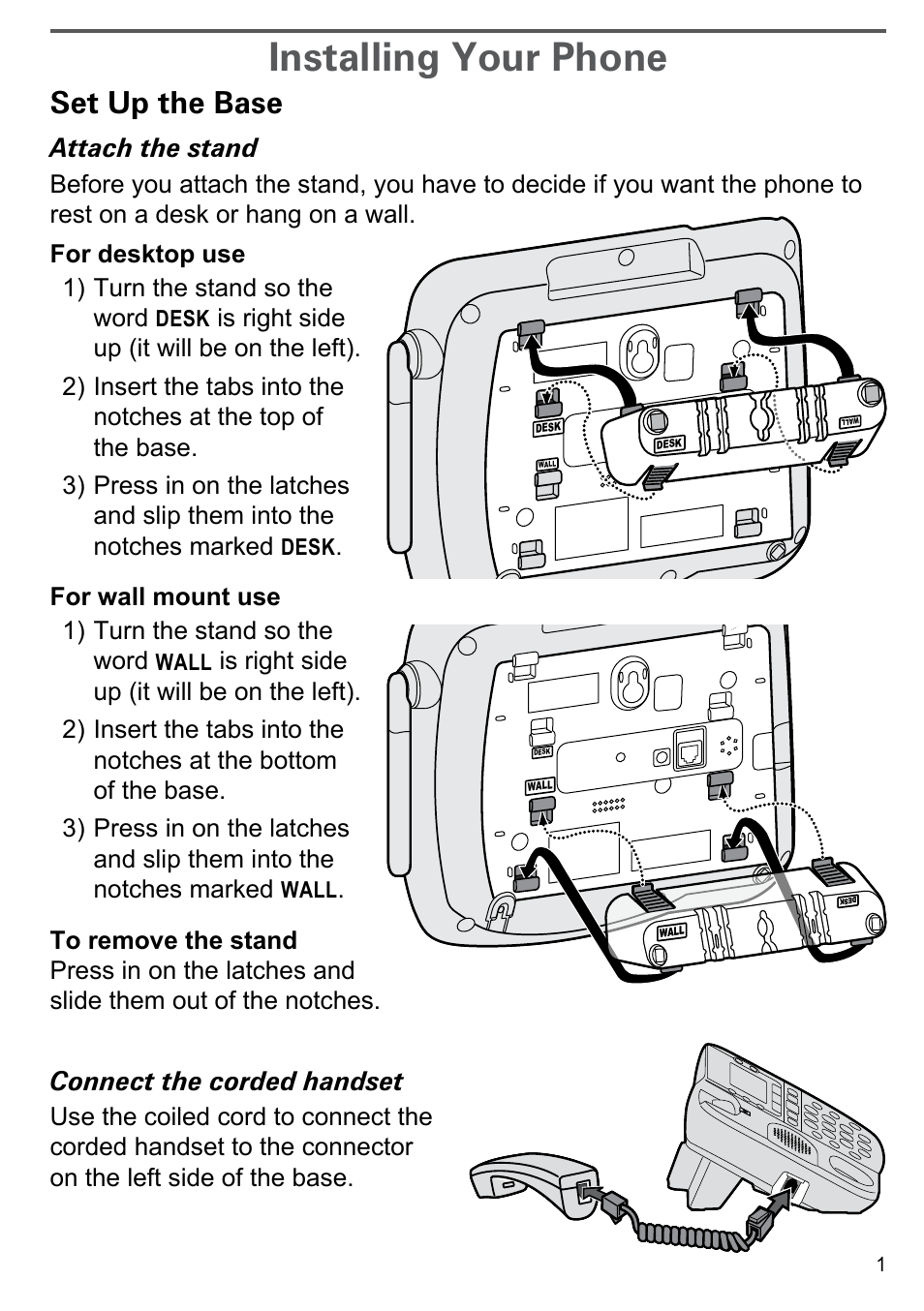 Installing your phone, Set up the base, Attach the stand | Connect the corded handset, For wall mount use turn the stand so the word | Uniden CEZAI2998 User Manual | Page 3 / 36