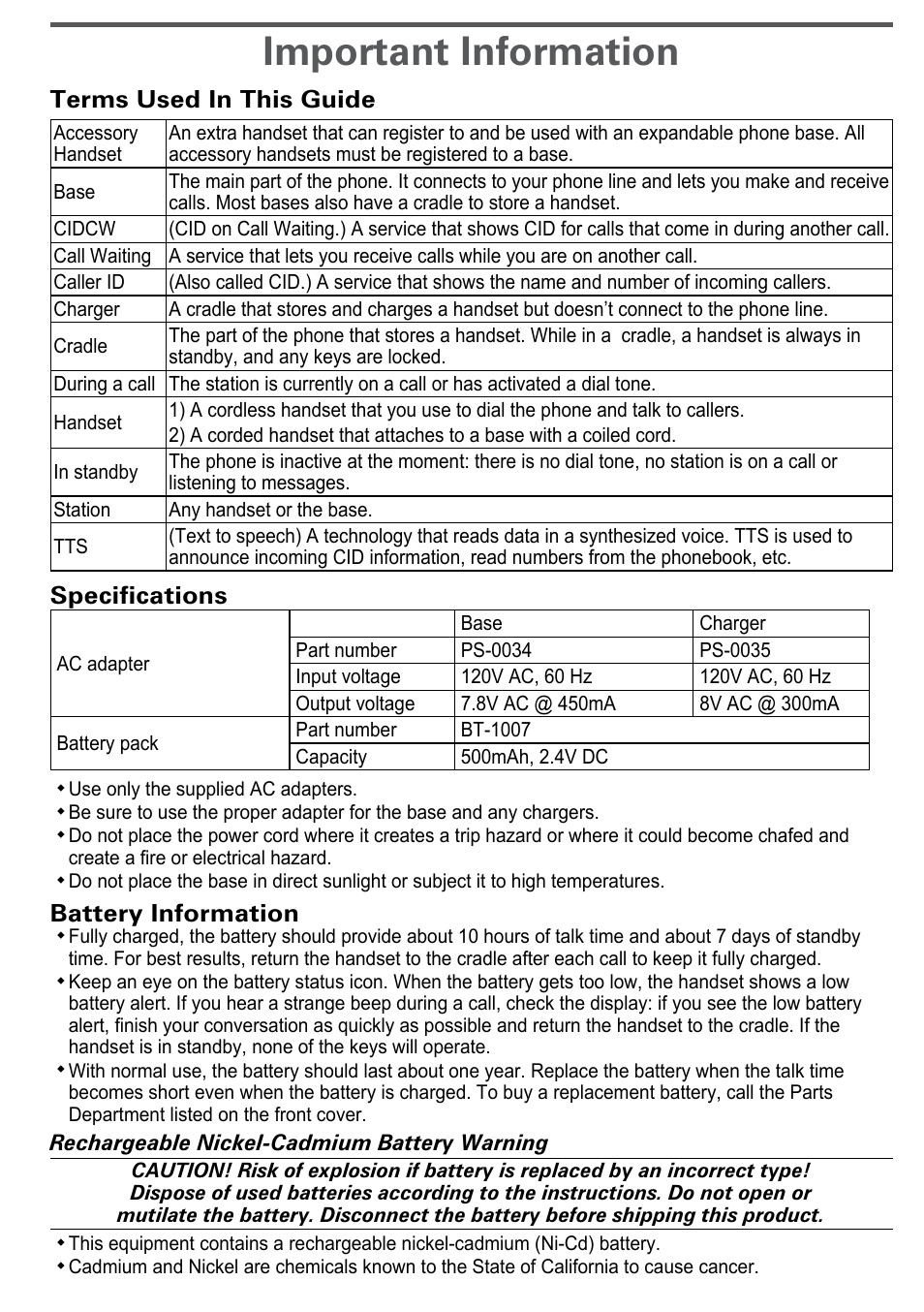 Important information, Terms used in this guide, Specifications | Battery information | Uniden CEZAI2998 User Manual | Page 33 / 36