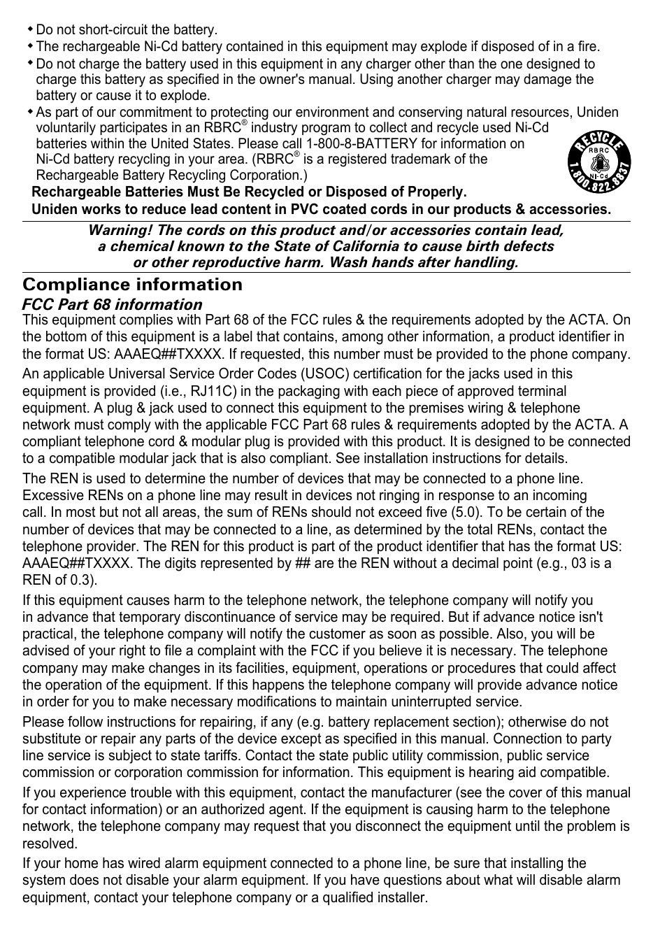 Compliance information | Uniden CEZAI2998 User Manual | Page 34 / 36