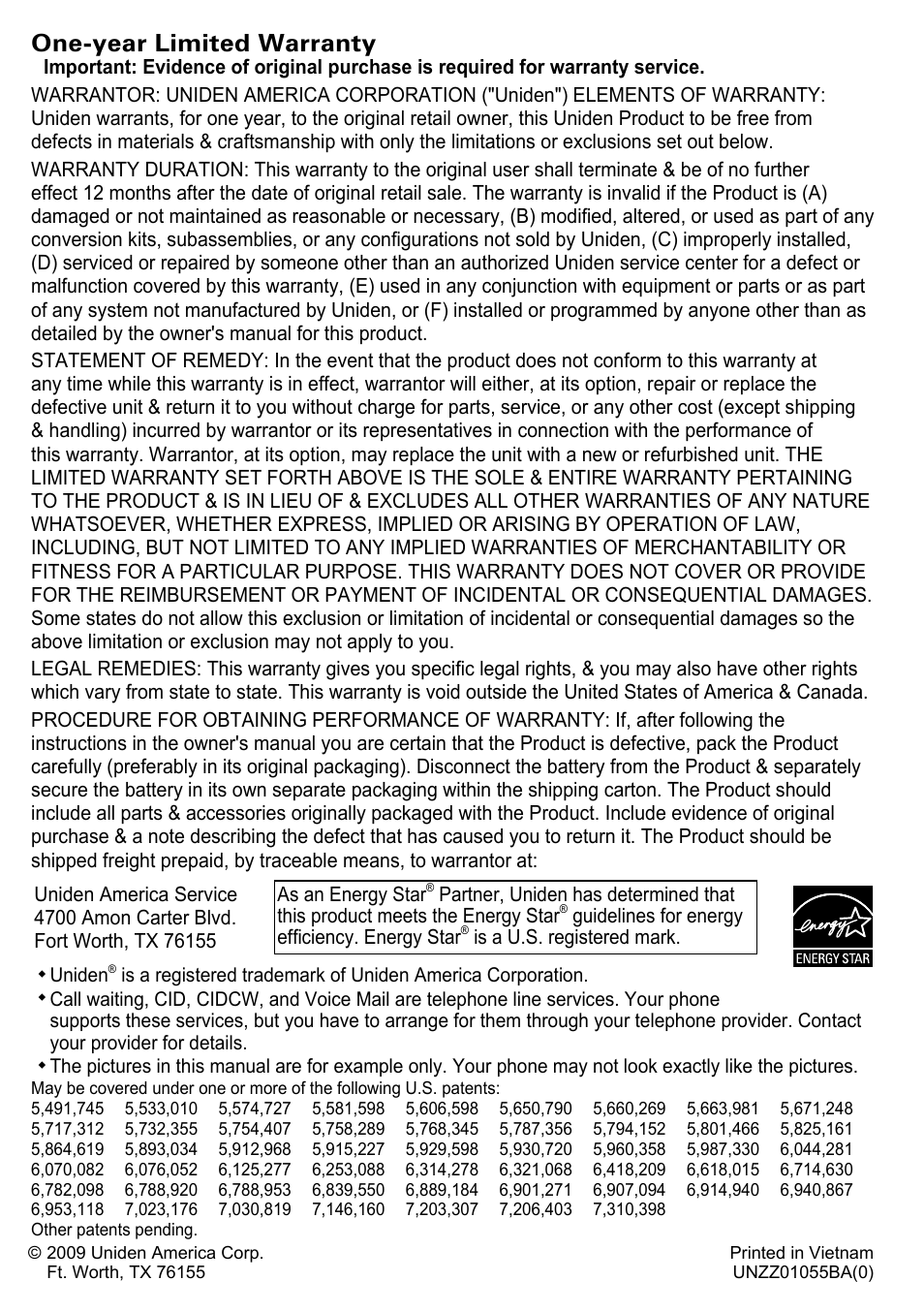 One-year limited warranty | Uniden CEZAI2998 User Manual | Page 36 / 36