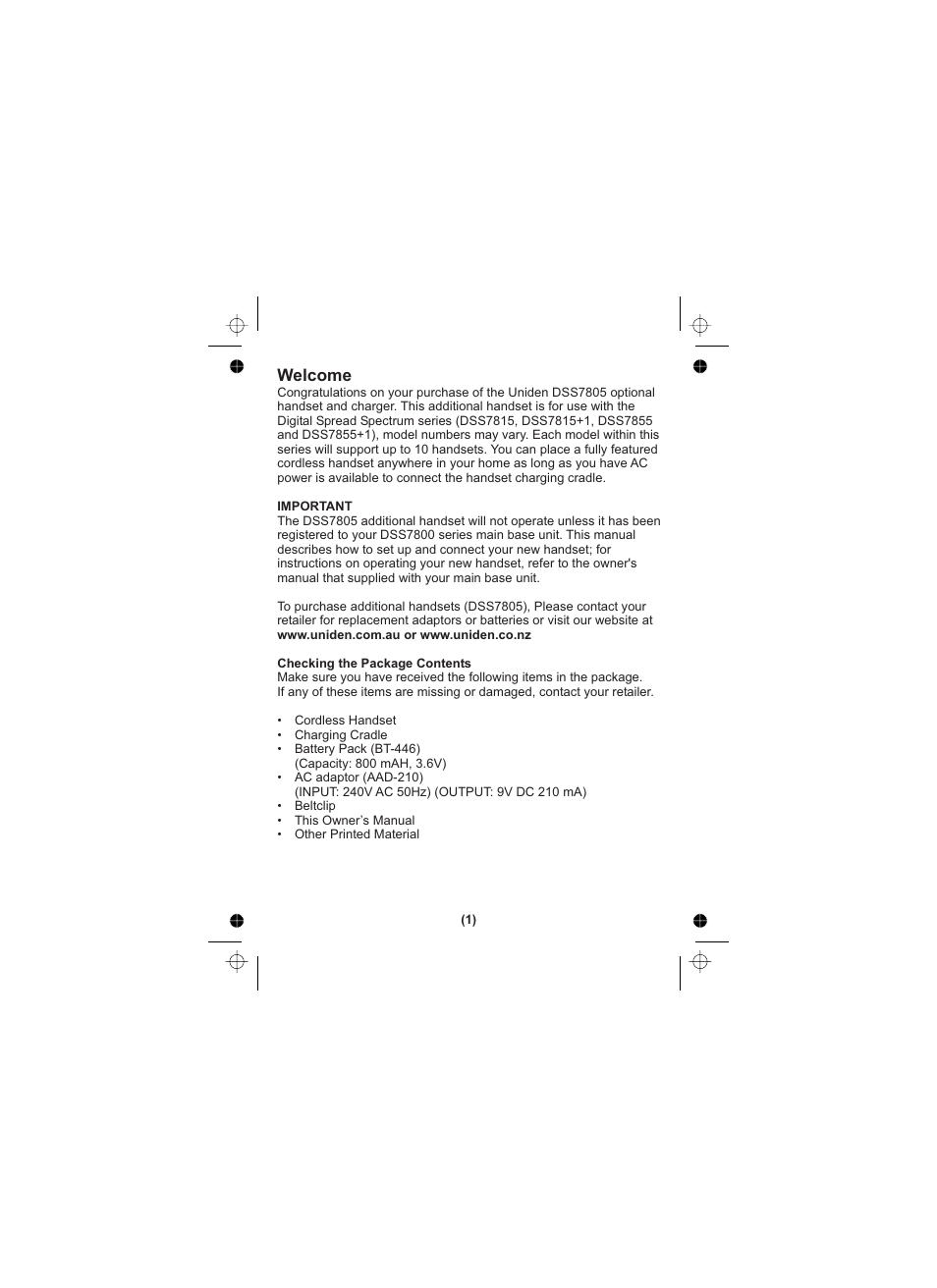 Welcome | Uniden DSS7805 User Manual | Page 2 / 8