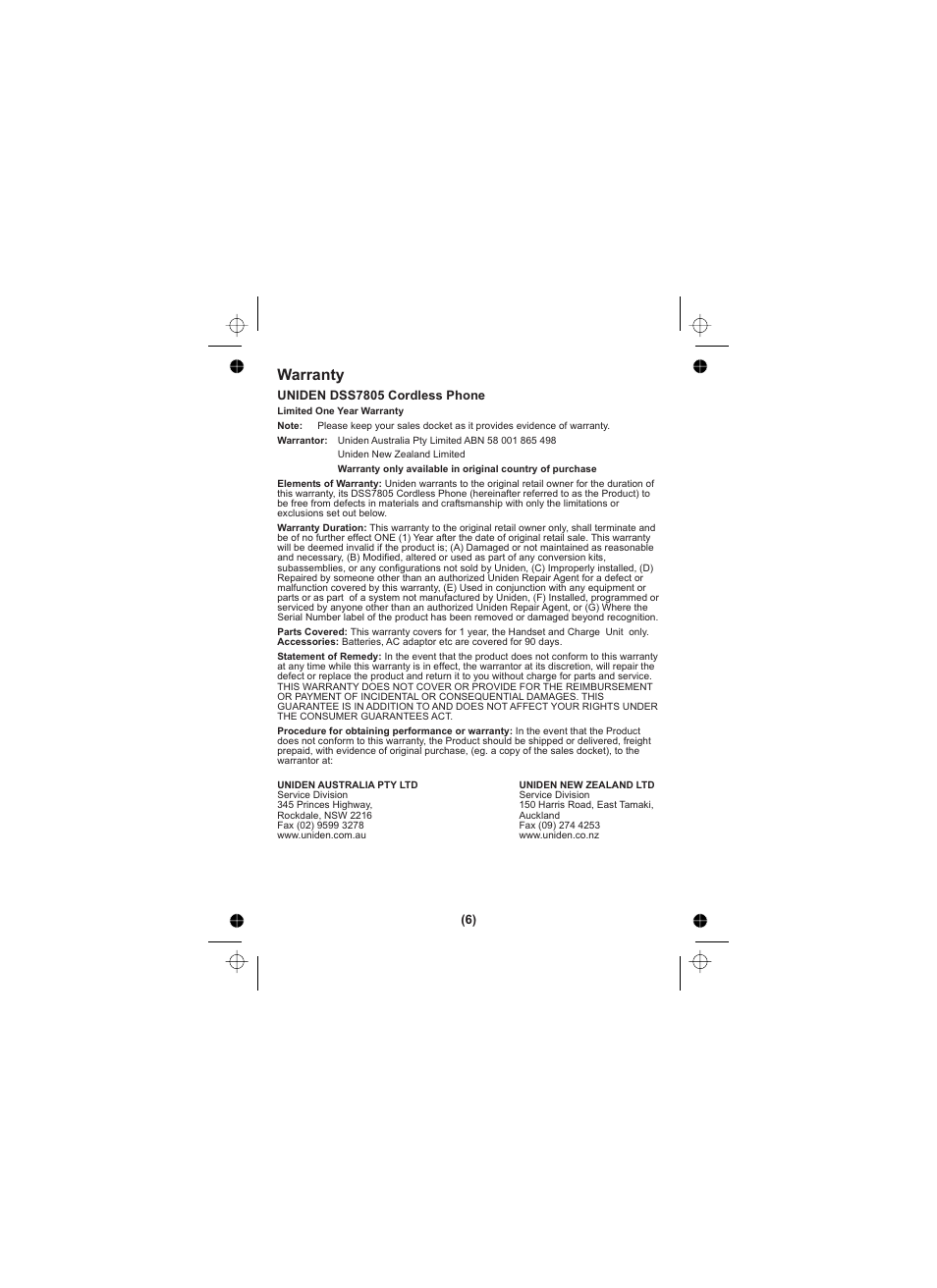 Warranty | Uniden DSS7805 User Manual | Page 7 / 8